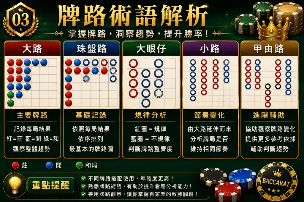 百家樂大路與珠盤路路牌圖
